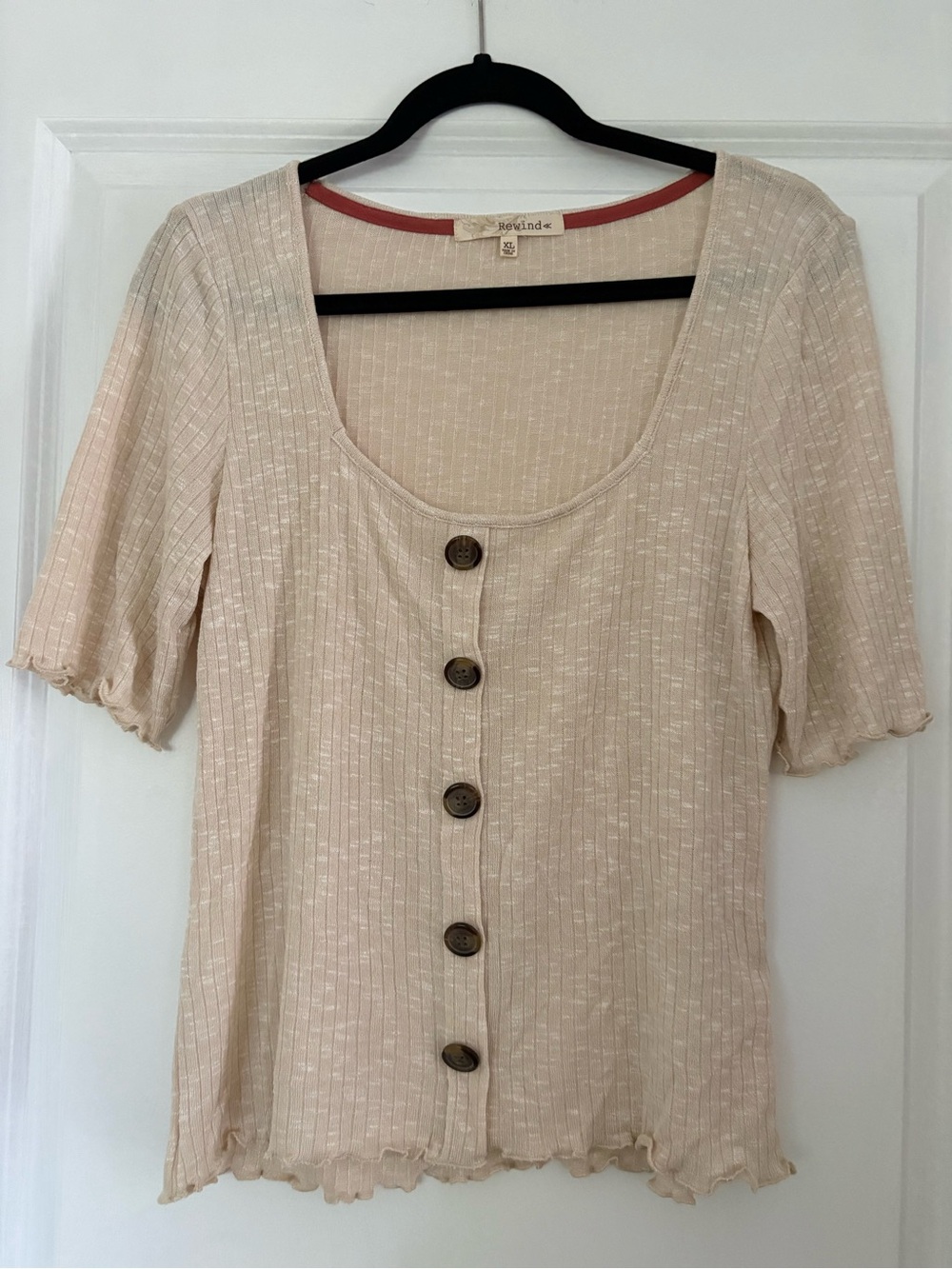 Rewind Beige Button-Front Scoop Neck Ribbed Top